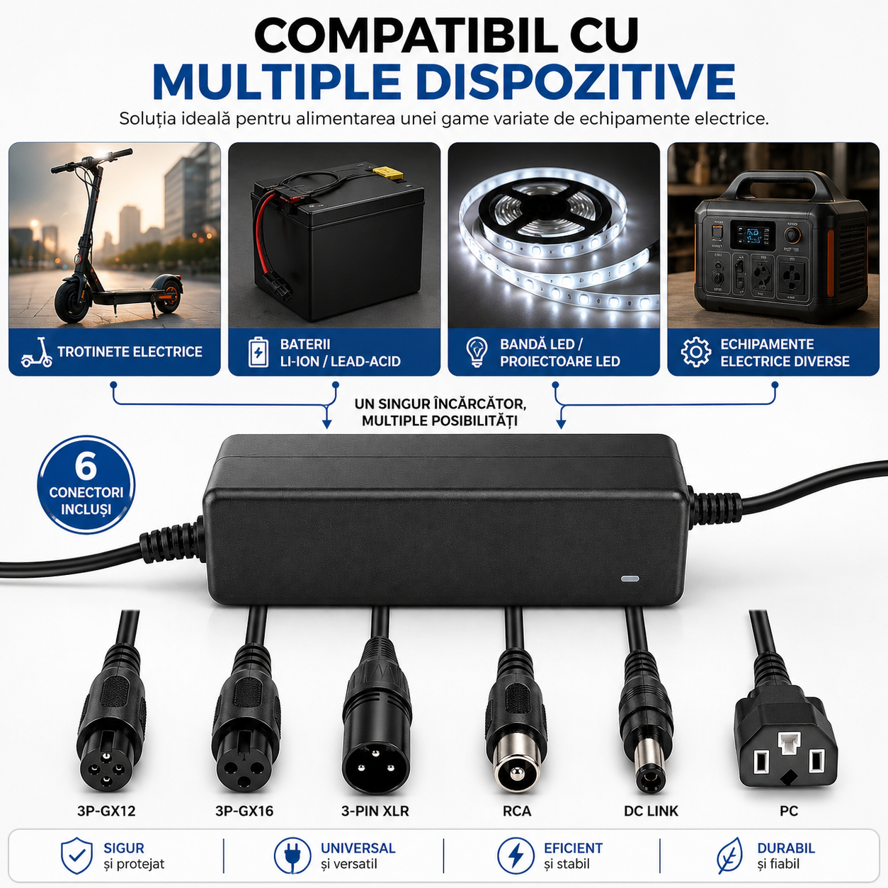 Încărcător Li-ion 29,4V/2A cu 6 Capete de Conectare – Compatibil cu Trotinete Electrice, Biciclete, Hoverboard și Scooter, Culoare Neagră