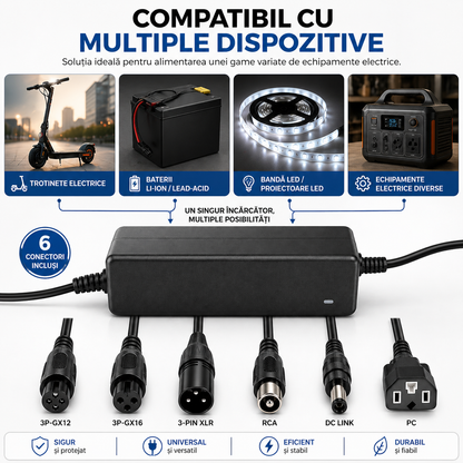 Încărcător Li-ion 42V/2A cu 6 Capete de Conectare – Compatibil cu Trotinete Electrice, Biciclete, Hoverboard și Scooter, Culoare Neagră