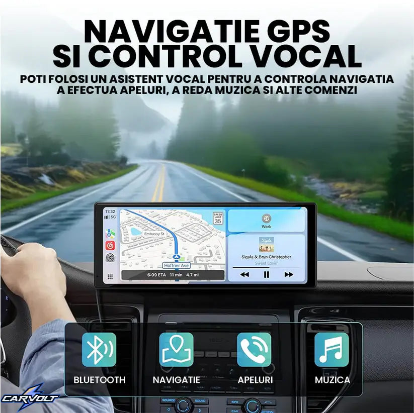 Tabletă Auto Wireless Apple CarPlay & Android Auto 10,26″, Ecran Mare HD, Compatibilă cu Orice Automobil, Navigație, Muzică și Apeluri Hands-Free