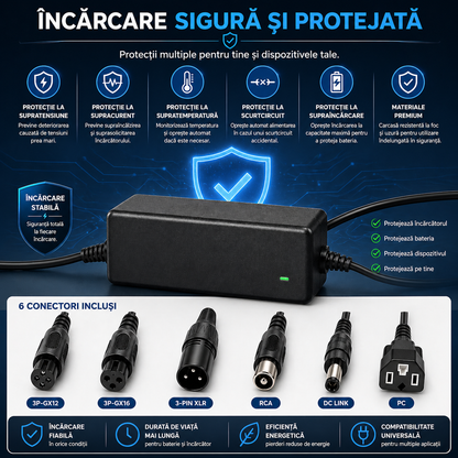 Încărcător Li-ion 29,4V/2A cu 6 Capete de Conectare – Compatibil cu Trotinete Electrice, Biciclete, Hoverboard și Scooter, Culoare Neagră