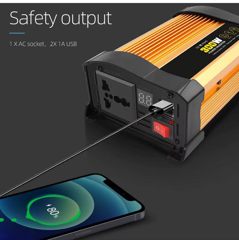 Invertor Auto 300W 12V–220V, Priză AC și Port USB, Convertor Curent Puternic pentru Mașină, Camper și Rulotă, Ventilator de Răcire, Protecții Multiple