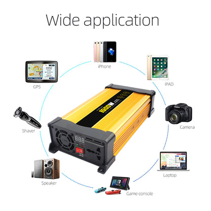 Invertor Auto 1500W 12V–220V, Priză AC și Port USB, Convertor Curent Puternic pentru Mașină, Camper și Rulotă, Ventilator de Răcire, Protecții Multiple