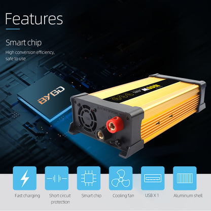 Invertor Auto 1500W 12V–220V, Priză AC și Port USB, Convertor Curent Puternic pentru Mașină, Camper și Rulotă, Ventilator de Răcire, Protecții Multiple