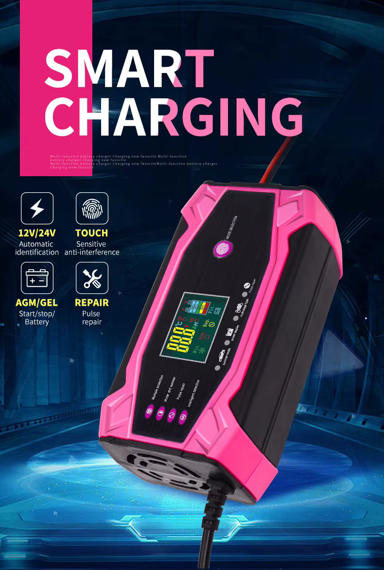 Redresor Auto Inteligent 12V / 24V 10A cu Smart Pulse Repair, Afișaj LCD, Încărcare Automată, Protecții Complete, Mod Iarnă și Vară, pentru Auto și Motocicletă, Roz