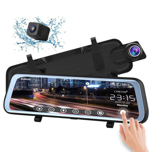 Oglindă Retrovisoare cu Cameră Auto Duală Față + Spate, Dash Cam Full HD, Ecran Touch 10″, Cameră Marșarier Impermeabilă, Night Vision, Înregistrare în Buclă