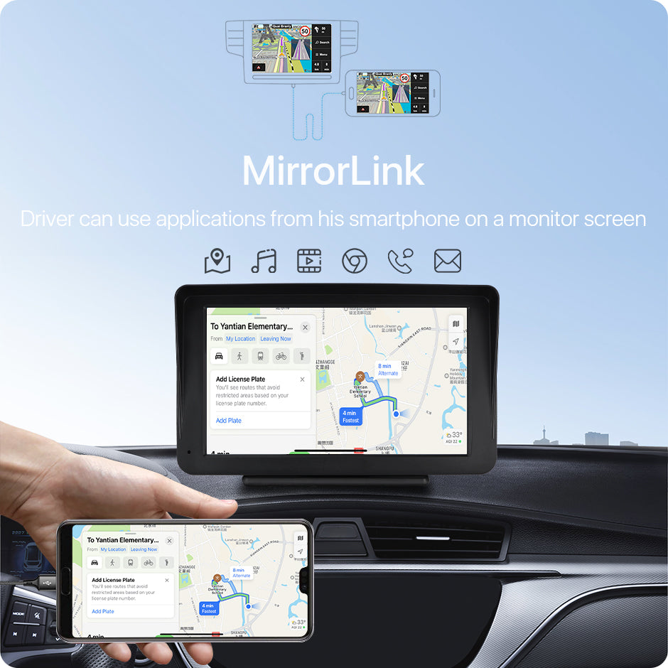 Monitor Auto Portabil 7″ Wireless Apple CarPlay & Android Auto – Ecran Multimedia Touch pentru Automobil