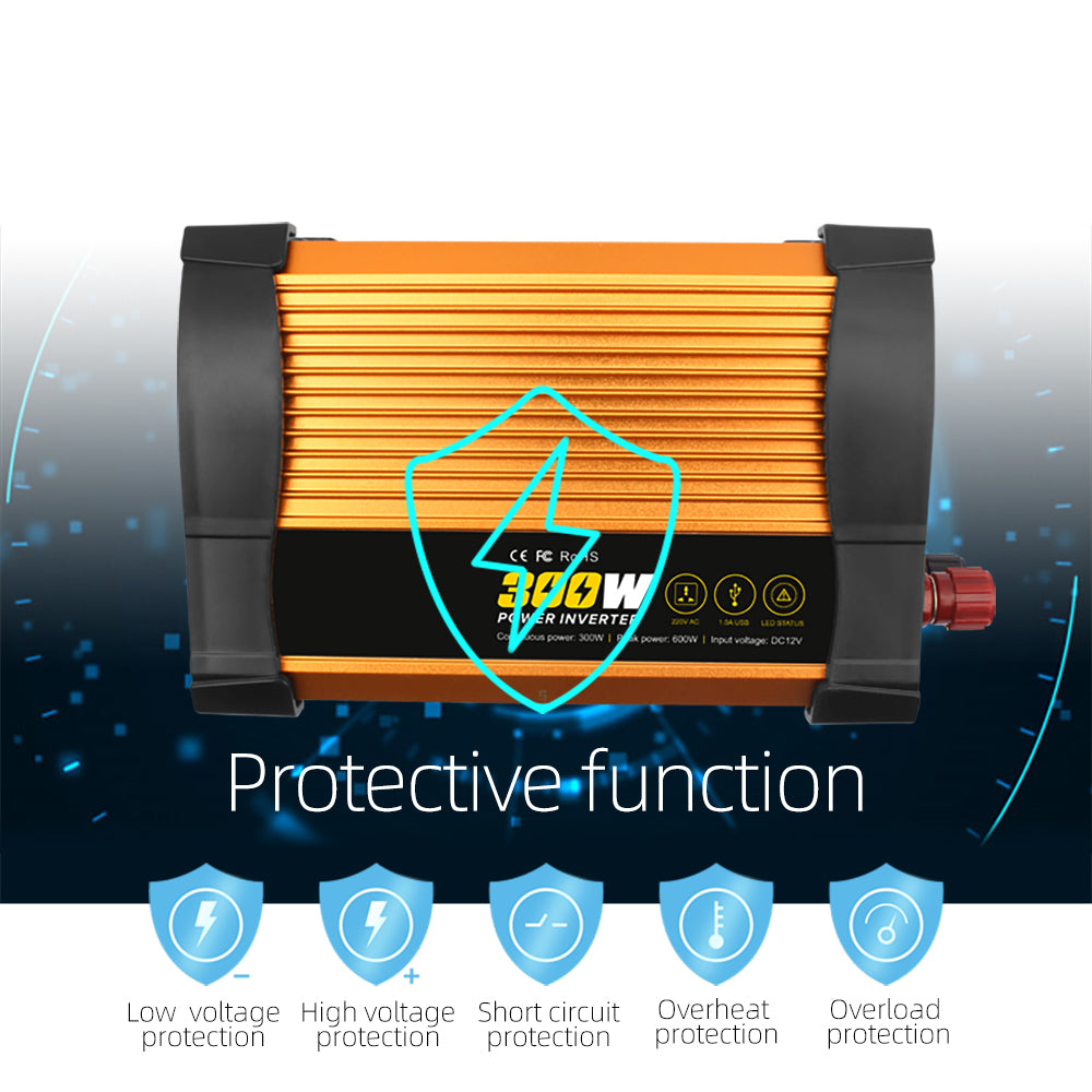 Invertor Auto 300W 12V–220V, Priză AC și Port USB, Convertor Curent Puternic pentru Mașină, Camper și Rulotă, Ventilator de Răcire, Protecții Multiple