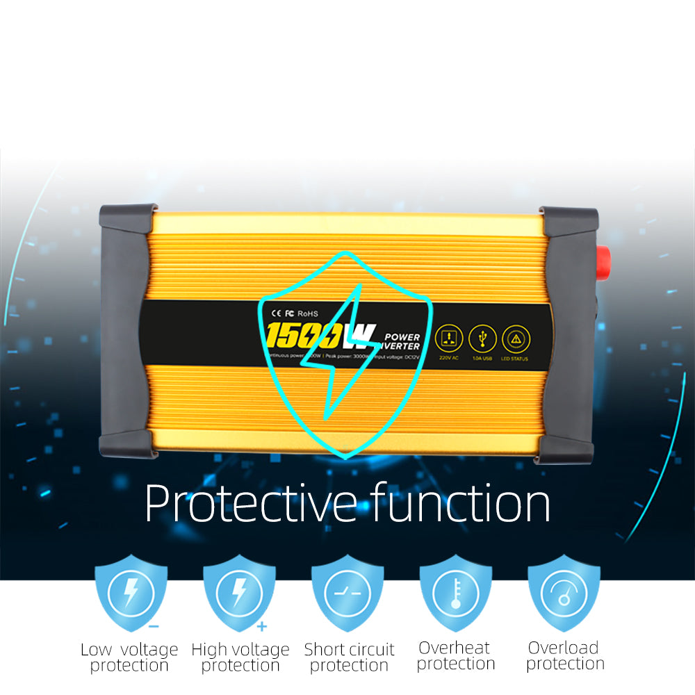 Invertor Auto 1500W 12V–220V, Priză AC și Port USB, Convertor Curent Puternic pentru Mașină, Camper și Rulotă, Ventilator de Răcire, Protecții Multiple