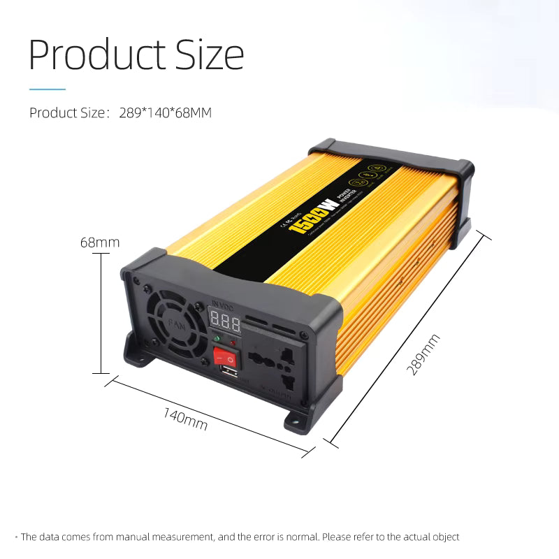 Invertor Auto 1500W 12V–220V, Priză AC și Port USB, Convertor Curent Puternic pentru Mașină, Camper și Rulotă, Ventilator de Răcire, Protecții Multiple