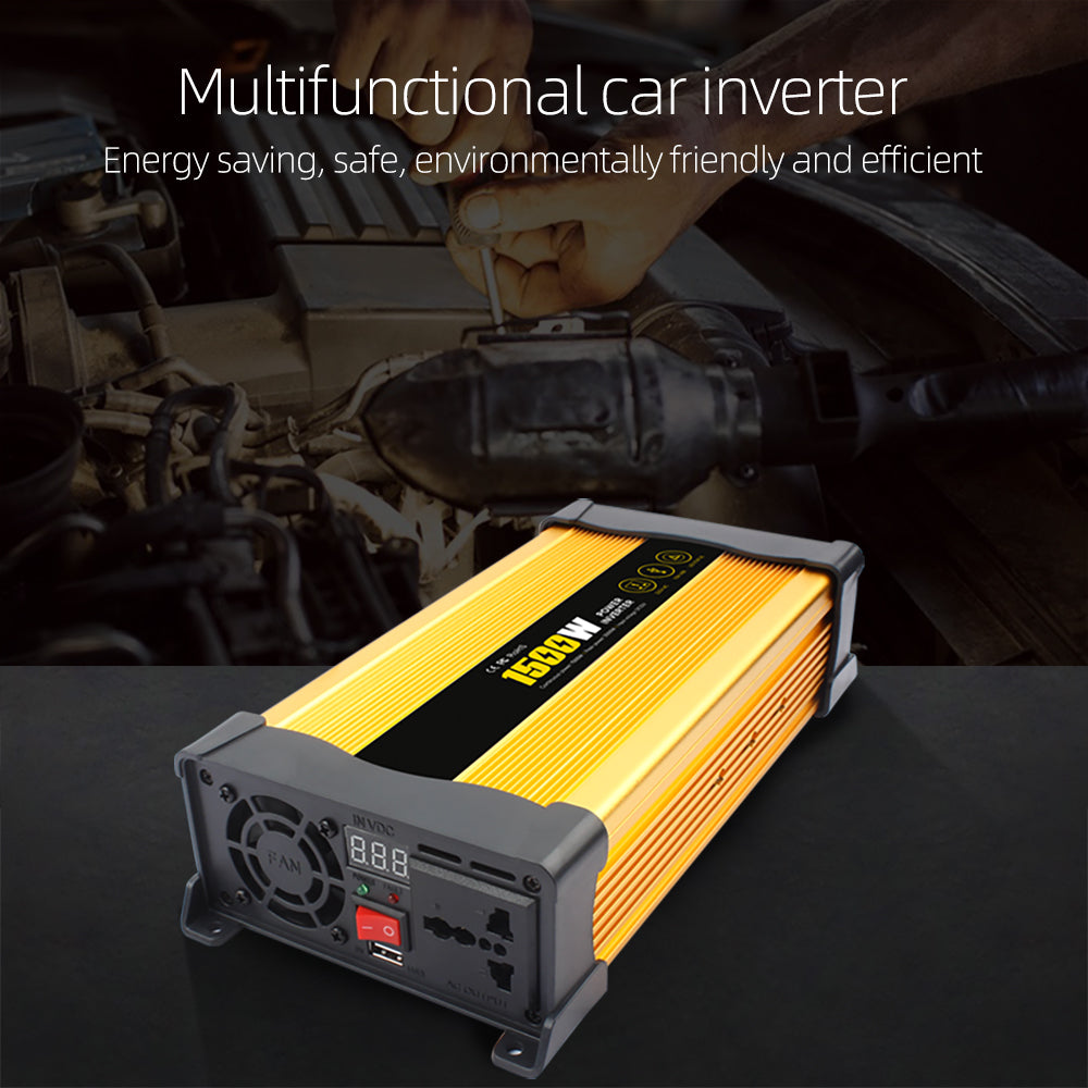 Invertor Auto 1500W 12V–220V, Priză AC și Port USB, Convertor Curent Puternic pentru Mașină, Camper și Rulotă, Ventilator de Răcire, Protecții Multiple