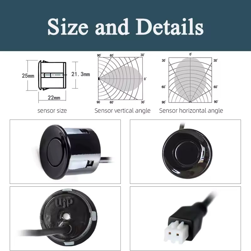 Senzori Parcare Auto 22mm cu Afișaj LCD – Sistem Asistență Marșarier cu 4 Senzori, Avertizare Sonoră și Vizuală, Montaj Universal