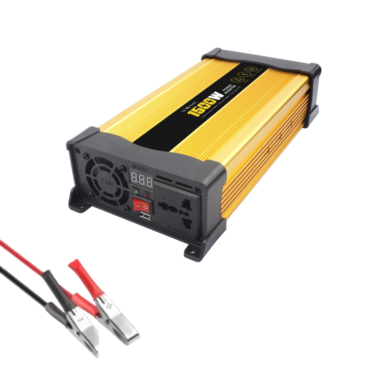 Invertor Auto 1500W 12V–220V, Priză AC și Port USB, Convertor Curent Puternic pentru Mașină, Camper și Rulotă, Ventilator de Răcire, Protecții Multiple