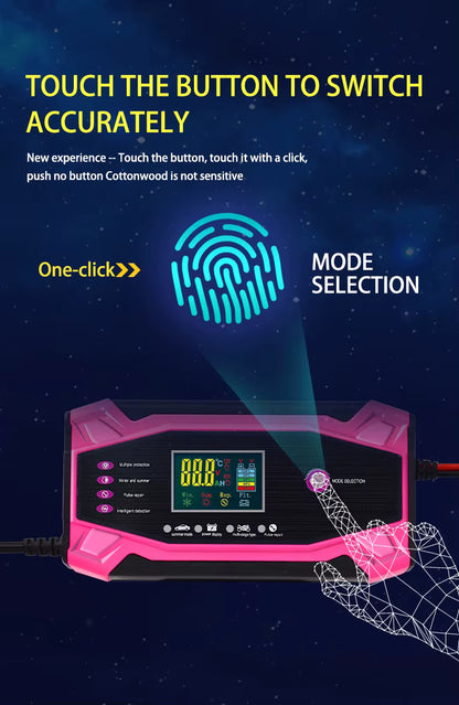 Redresor Auto Inteligent 12V / 24V 10A cu Smart Pulse Repair, Afișaj LCD, Încărcare Automată, Protecții Complete, Mod Iarnă și Vară, pentru Auto și Motocicletă, Roz