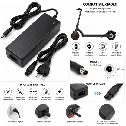 Încărcător Inteligent Li-Ion 42V/2A pentru Trotinete Electrice, Hoverboard, Skateboard Electric și Scooter – Culoare Neagră