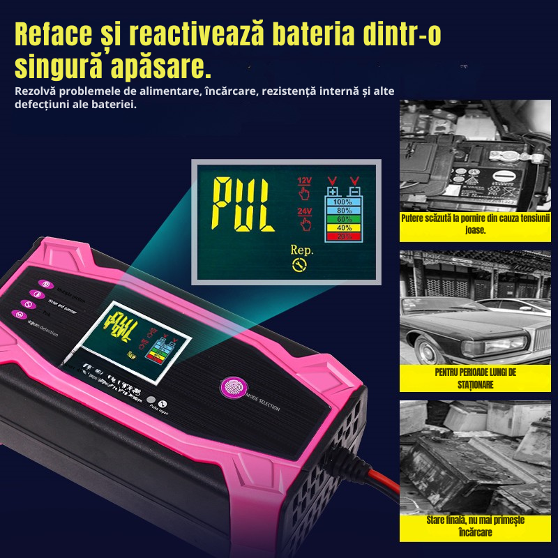 Redresor Auto Inteligent 12V / 24V 10A cu Smart Pulse Repair, Afișaj LCD, Încărcare Automată, Protecții Complete, Mod Iarnă și Vară, pentru Auto și Motocicletă, Roz