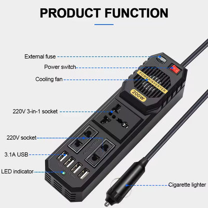 Invertor Auto 200W 12V–220V cu Priză AC și Porturi USB, Alimentare la Brichetă, Convertor Curent pentru Laptop, Telefon și Gadgeturi, Ideal pentru Mașină, Camping și Drumuri Lungi, Protecții Multiple