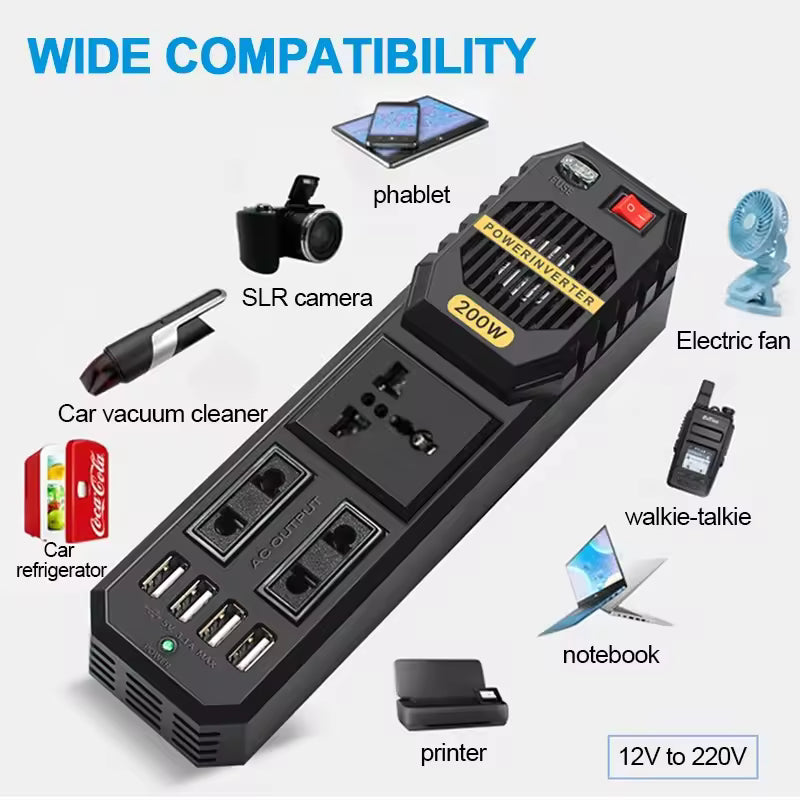 Invertor Auto 200W 12V–220V cu Priză AC și Porturi USB, Alimentare la Brichetă, Convertor Curent pentru Laptop, Telefon și Gadgeturi, Ideal pentru Mașină, Camping și Drumuri Lungi, Protecții Multiple