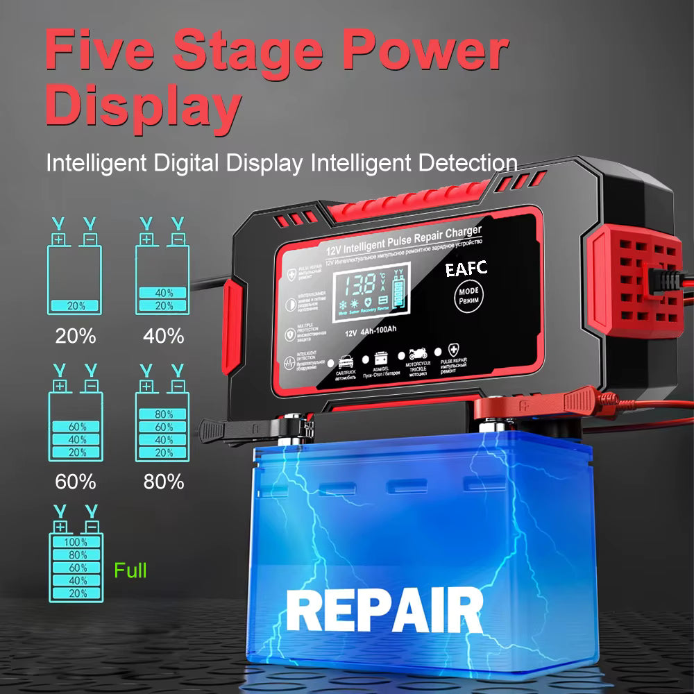 Redresor Auto Inteligent 12V cu Pulse Repair, Display LCD, Încărcare Rapidă, pentru Baterii AGM, GEL și Plumb-Acid, Auto și Motocicletă, Galben