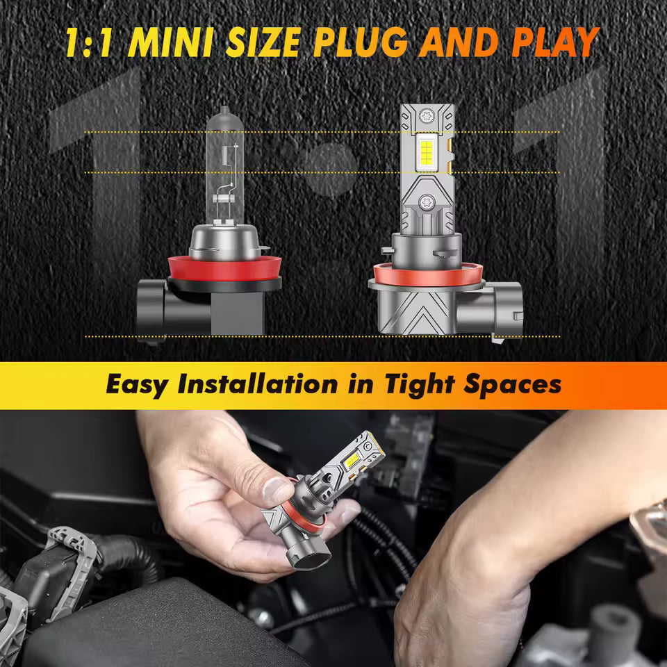 Becuri LED Auto H11 21000LM – Set 2 Becuri LED Super Bright pentru Faruri, 6000K Alb Rece, Plug & Play