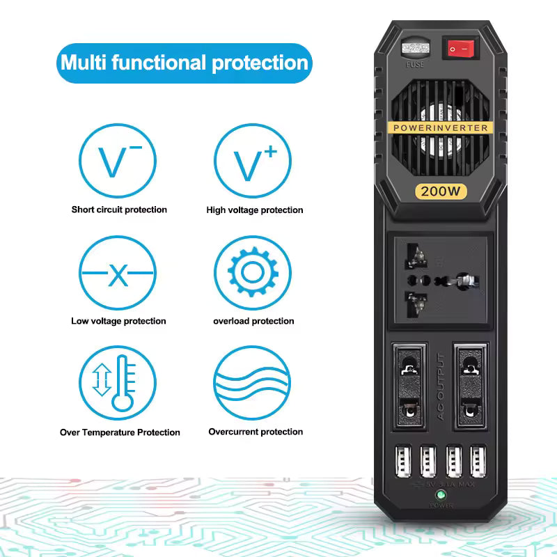 Invertor Auto 200W 12V–220V cu Priză AC și Porturi USB, Alimentare la Brichetă, Convertor Curent pentru Laptop, Telefon și Gadgeturi, Ideal pentru Mașină, Camping și Drumuri Lungi, Protecții Multiple