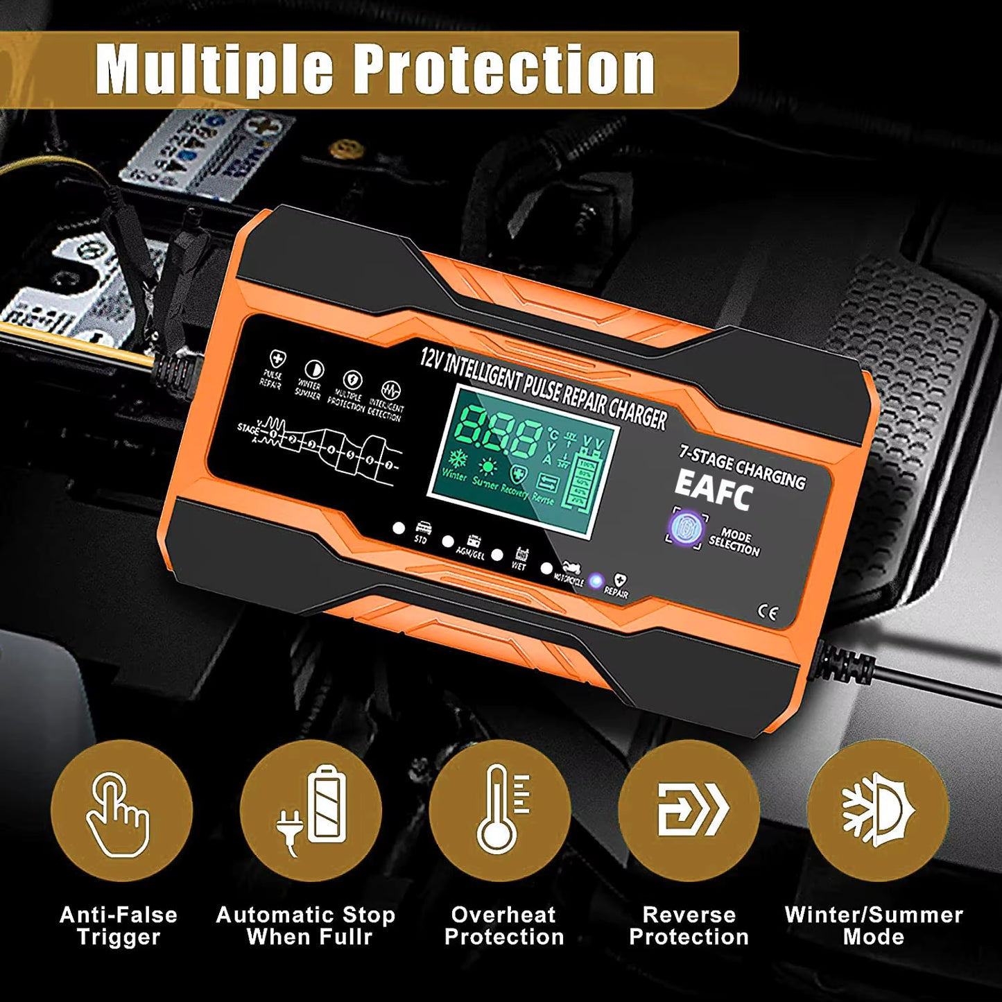 Redresor Auto Inteligent 12V cu Reparație Puls, Afișaj LCD, pentru Baterii AGM, GEL, EFB și Plumb-Acid, Auto și Motocicletă, Protecții Multiple