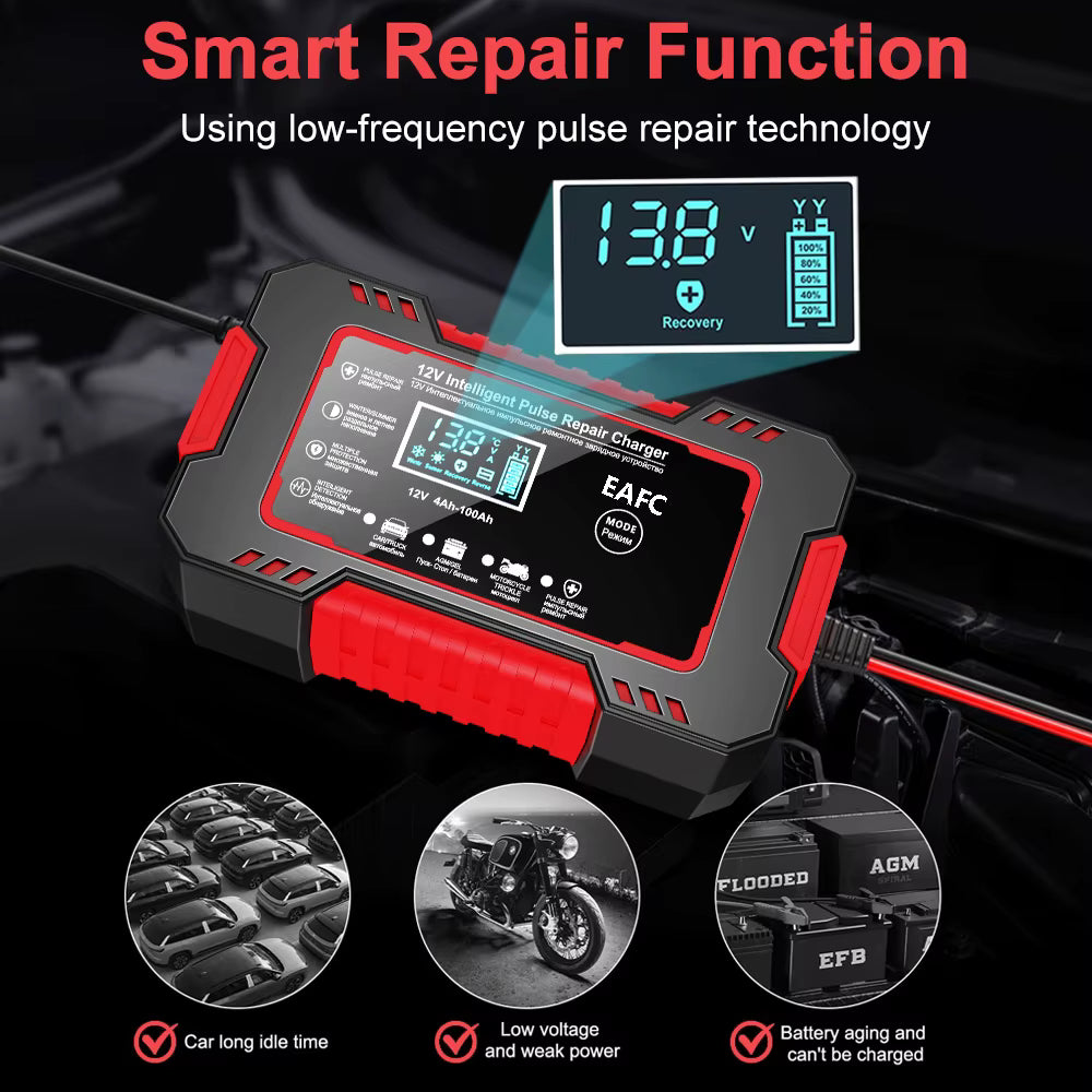 Redresor Auto Inteligent 12V cu Pulse Repair, Display LCD, Încărcare Rapidă, pentru Baterii AGM, GEL și Plumb-Acid, Auto și Motocicletă, Rosu