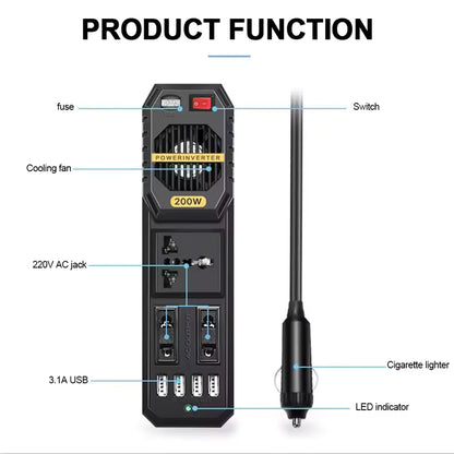 Invertor Auto 200W 12V–220V cu Priză AC și Porturi USB, Alimentare la Brichetă, Convertor Curent pentru Laptop, Telefon și Gadgeturi, Ideal pentru Mașină, Camping și Drumuri Lungi, Protecții Multiple
