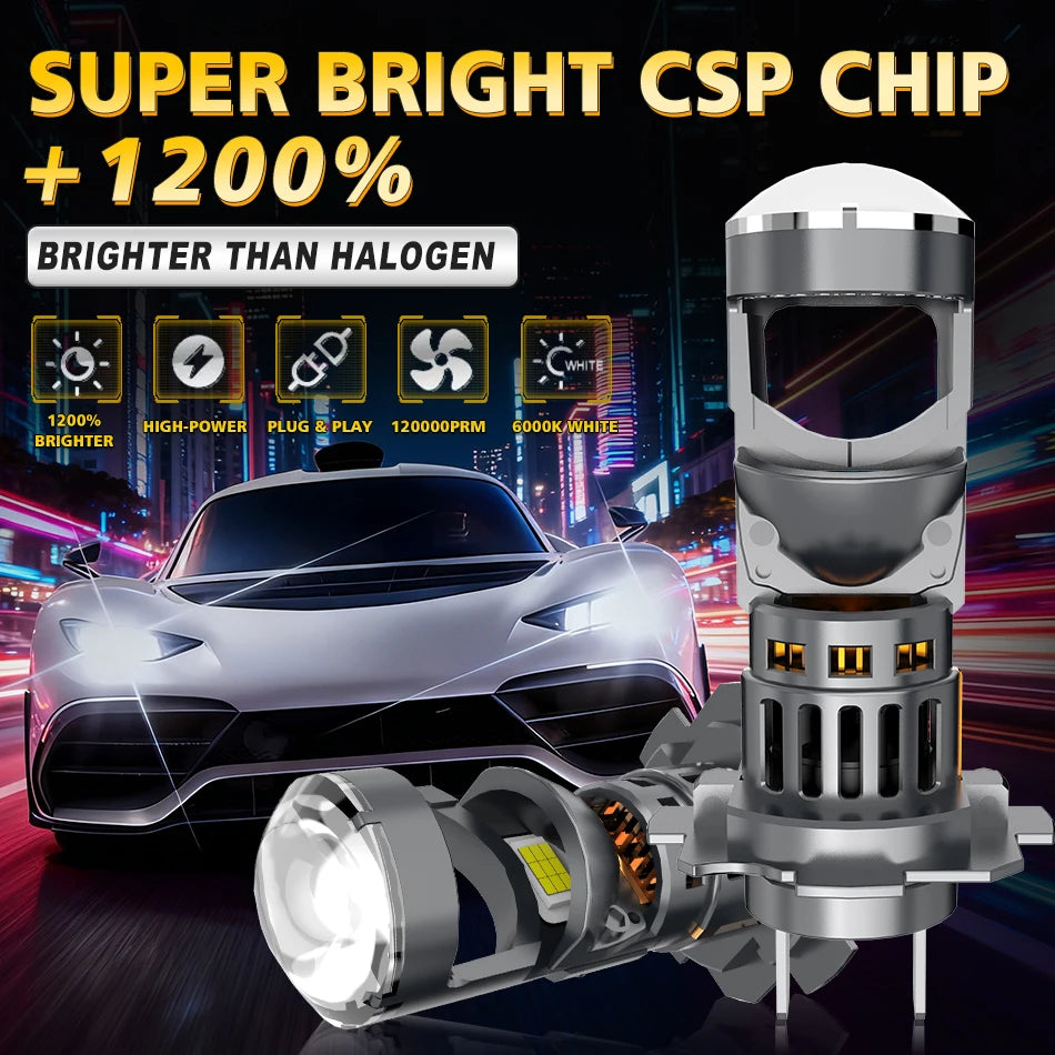 Becuri LED Auto H7 cu Lupa 30.000LM – Set LED Faruri 6000K Alb Rece cu CSP Chip
