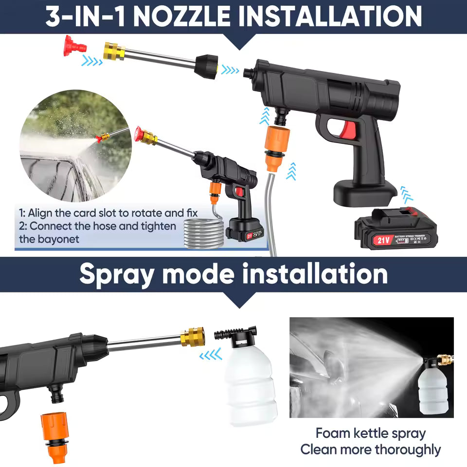 Aparat de Spălat cu Presiune Portabil 48V, Pistol Spălare Auto Fără Fir, Acumulator, Aspirare Apă din Găleată, Set Complet Accesorii