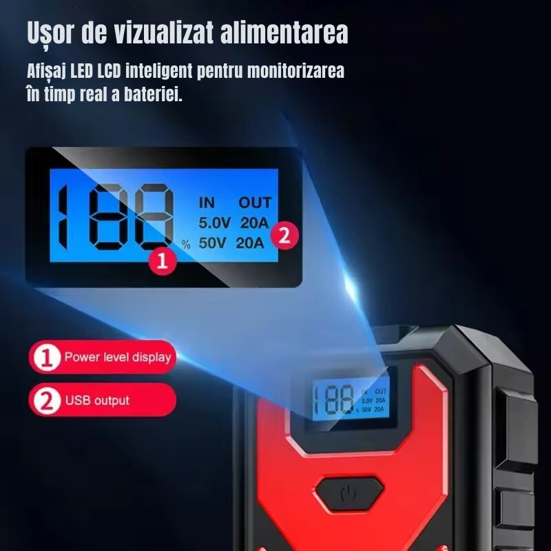 Starter Auto CarVolt 4 în 1 – Pornire de Urgență, Lanternă LED, Power Bank si Încărcare Wireless