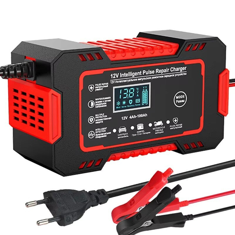 Redresor Auto Inteligent 12V cu Pulse Repair, Display LCD, Încărcare Rapidă, pentru Baterii AGM, GEL și Plumb-Acid, Auto și Motocicletă, Rosu