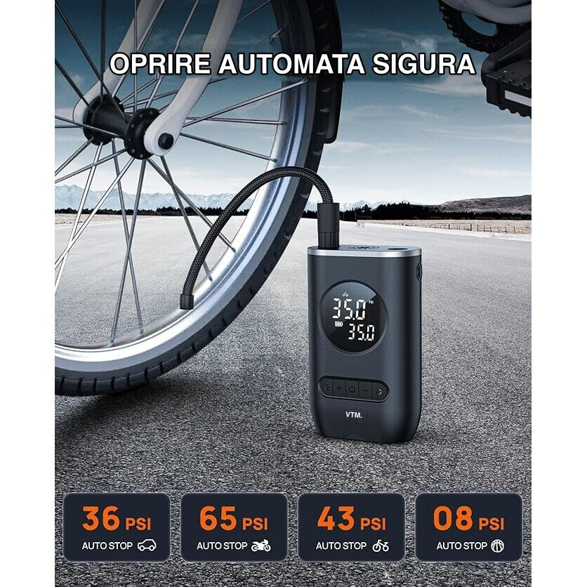 Compresor de Aer Portabil cu Afișaj Digital și Manometru – Pompa pentru Anvelope cu Lanternă LED, Încărcare USB Tip C, 5 Moduri Presetate pentru Bicicletă, Mașină, Motocicletă și Minge