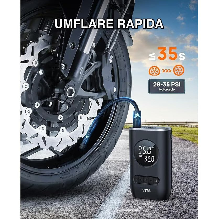 Compresor de Aer Portabil cu Afișaj Digital și Manometru – Pompa pentru Anvelope cu Lanternă LED, Încărcare USB Tip C, 5 Moduri Presetate pentru Bicicletă, Mașină, Motocicletă și Minge