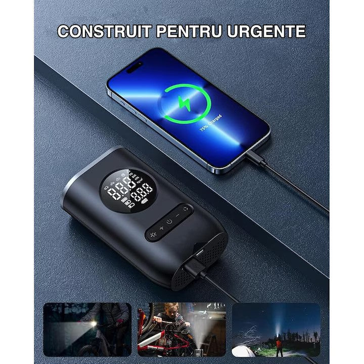 Compresor de Aer Portabil cu Afișaj Digital și Manometru – Pompa pentru Anvelope cu Lanternă LED, Încărcare USB Tip C, 5 Moduri Presetate pentru Bicicletă, Mașină, Motocicletă și Minge