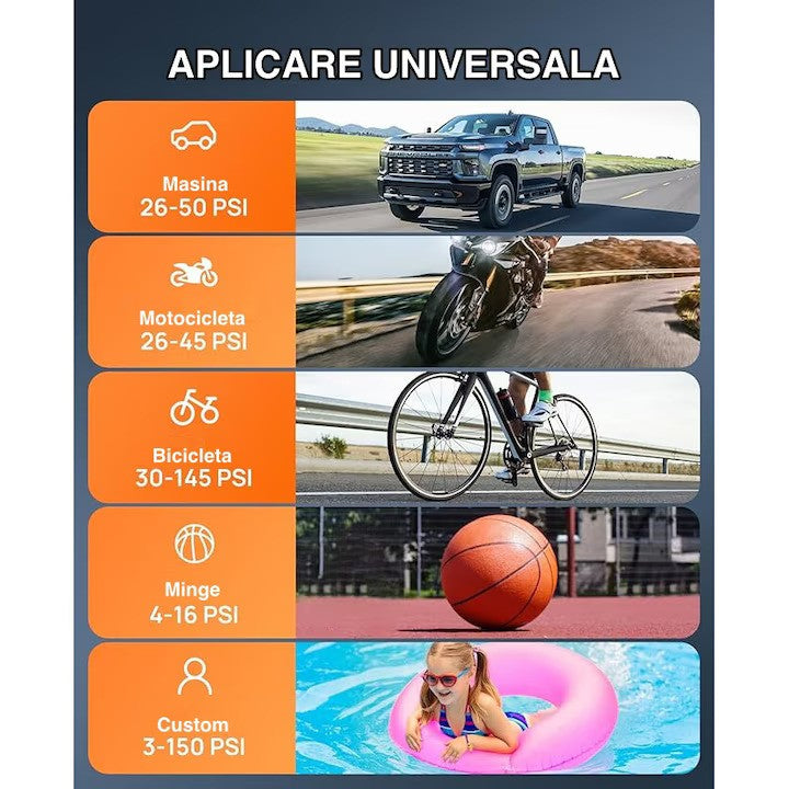 Compresor de Aer Portabil cu Afișaj Digital și Manometru – Pompa pentru Anvelope cu Lanternă LED, Încărcare USB Tip C, 5 Moduri Presetate pentru Bicicletă, Mașină, Motocicletă și Minge