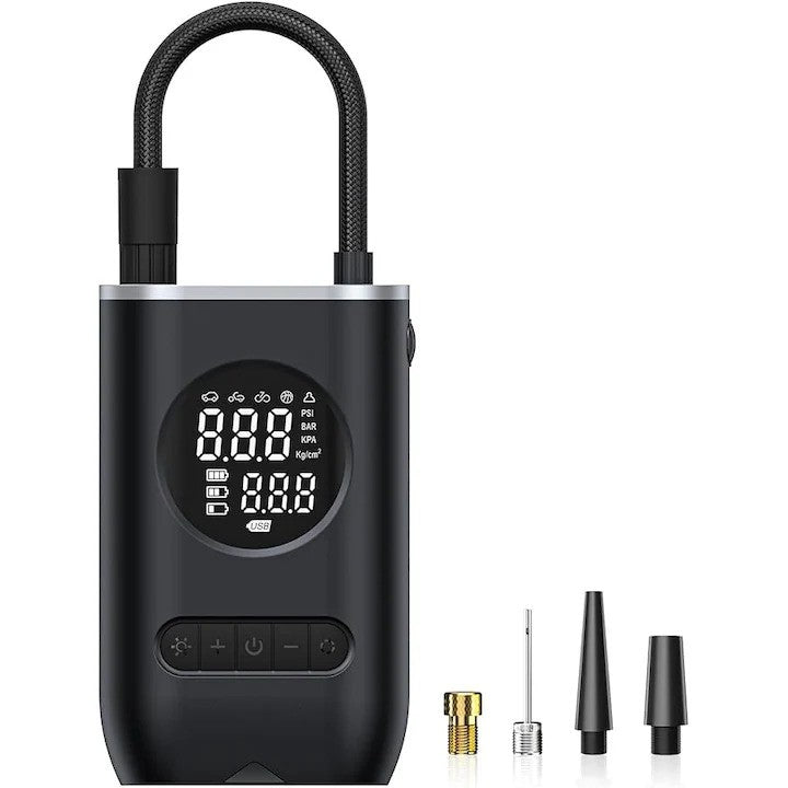Compresor de Aer Portabil cu Afișaj Digital și Manometru – Pompa pentru Anvelope cu Lanternă LED, Încărcare USB Tip C, 5 Moduri Presetate pentru Bicicletă, Mașină, Motocicletă și Minge